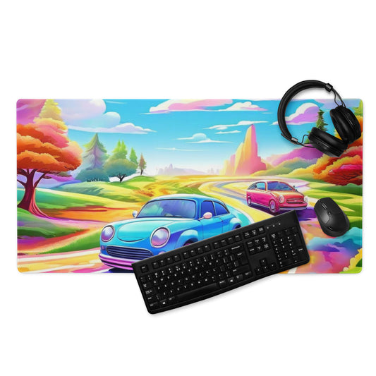 Forest Road, Colorful Cars, Cartoon, Magical Landscape, Gaming mouse pad, 36 x 18 inches