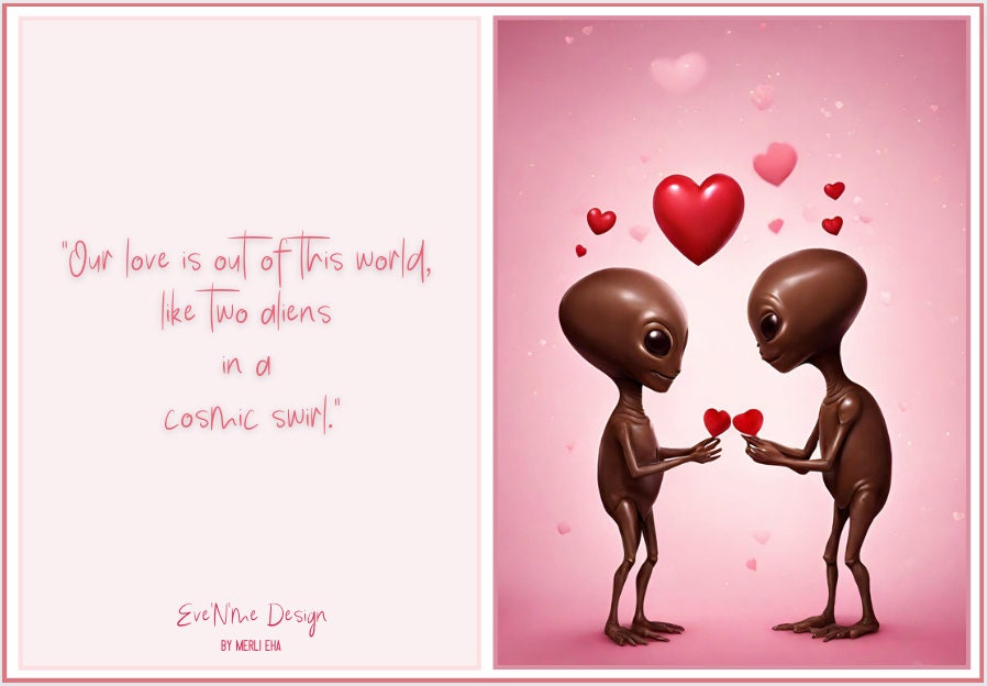 Cute Greeting card for Anniversary Valentines' day Remind Special Person card To him or her Alien Love Alien Couple Chocolate Aliens