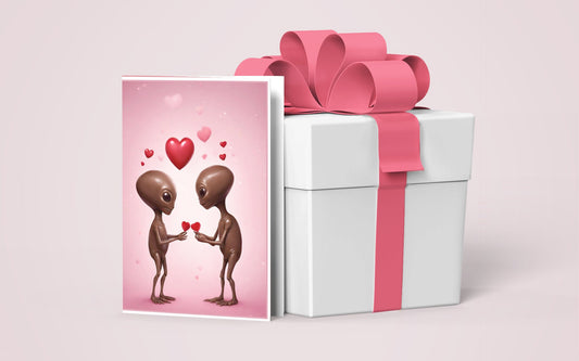 Cute Greeting card for Anniversary Valentines' day Remind Special Person card To him or her Alien Love Alien Couple Chocolate Aliens